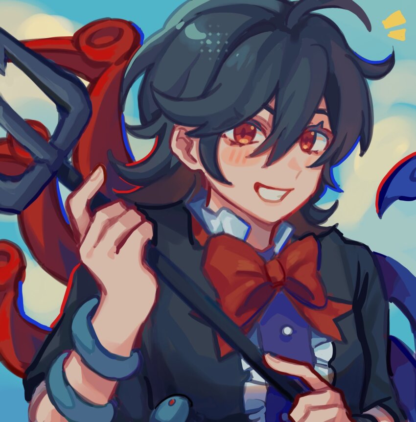 1girl, asymmetrical_wings, black_dress, black_hair, bow, bowtie, center_frills, dress