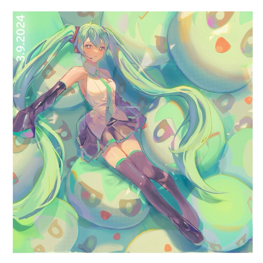 +_+, 1girl, absurdly_long_hair, ahoge, arm_at_side, arm_support, bare_shoulders, black_footwear, black_skirt, boots, breasts, bright_pupils, collared_shirt, commentary_request, dated, detached_sleeves, frilled_shirt_collar, frills, full_body, green_eyes, green_hair, green_necktie, green_trim, hair_between_eyes, hair_ornament, hatsune_miku, headphones, headset, highres, long_hair, long_sleeves, looking_at_viewer, miniskirt, necktie, parted_lips, pleated_skirt, shirt, skirt, sleeveless, sleeveless_shirt, sleeves_past_fingers, sleeves_past_wrists, thigh_boots, thighhighs, twintails, usari_05011, very_long_hair, vocaloid, white_pupils, white_shirt, zettai_ryouiki