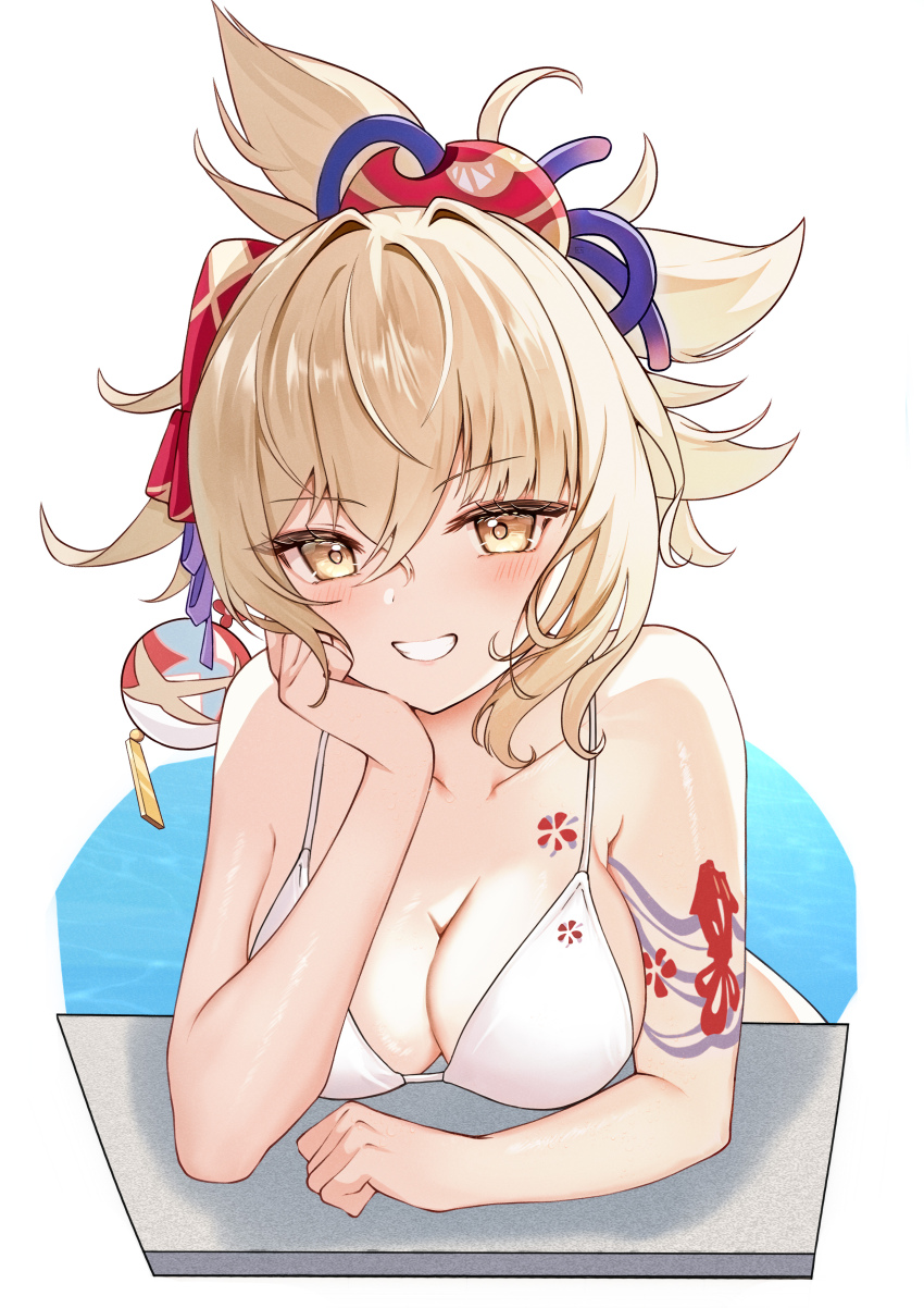 1girl, :d, absurdres, arm_tattoo, armpit_crease, bikini, blonde_hair, blush