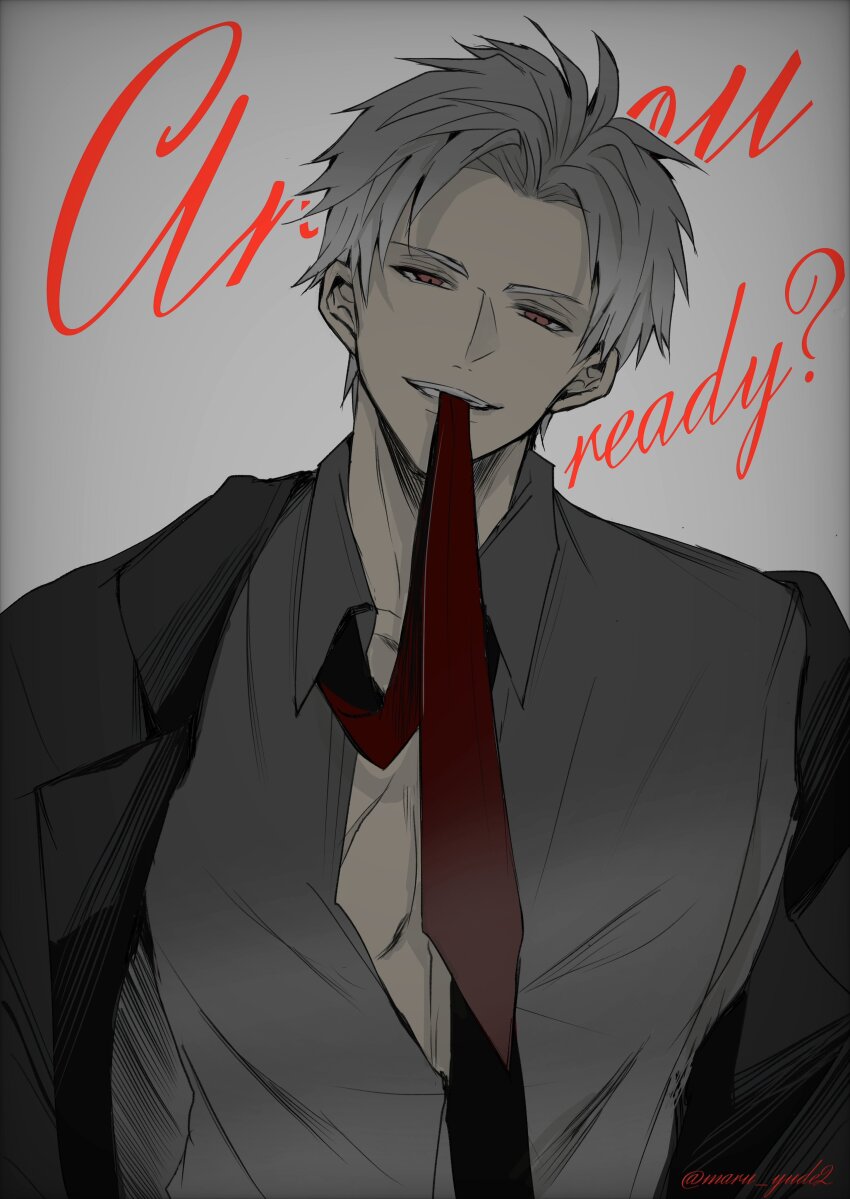 1boy, absurdres, black_coat, coat, collared_shirt, commentary, english_commentary, grey_background, grey_hair, grey_shirt, grin, head_tilt, highres, looking_at_viewer, love_and_deepspace, male_focus, maru_yude2, necktie, necktie_on_mouth, parted_bangs, parted_lips, red_eyes, red_necktie, shirt, short_hair, simple_background, smile, solo, sylus_(love_and_deepspace), teeth, twitter_username