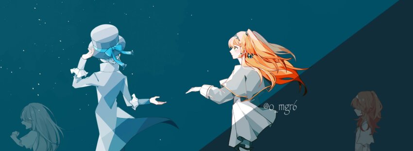 2girls, adjusting_clothes, adjusting_headwear, age_comparison, aged_down, blue_background, blue_bow, boater_hat