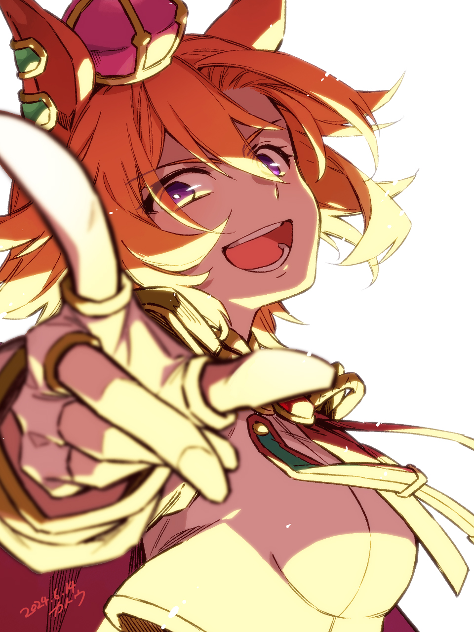 1girl, :d, animal_ears, artist_name, cape, crown, dated, from_side, hair_between_eyes, head_tilt, highres, horse_ears, horse_girl, katou_yoshie, looking_at_viewer, looking_to_the_side, mini_crown, open_mouth, orange_hair, pink_cape, pointing, pointing_at_viewer, purple_eyes, short_hair, smile, solo, t.m._opera_o_(umamusume), umamusume, upper_body