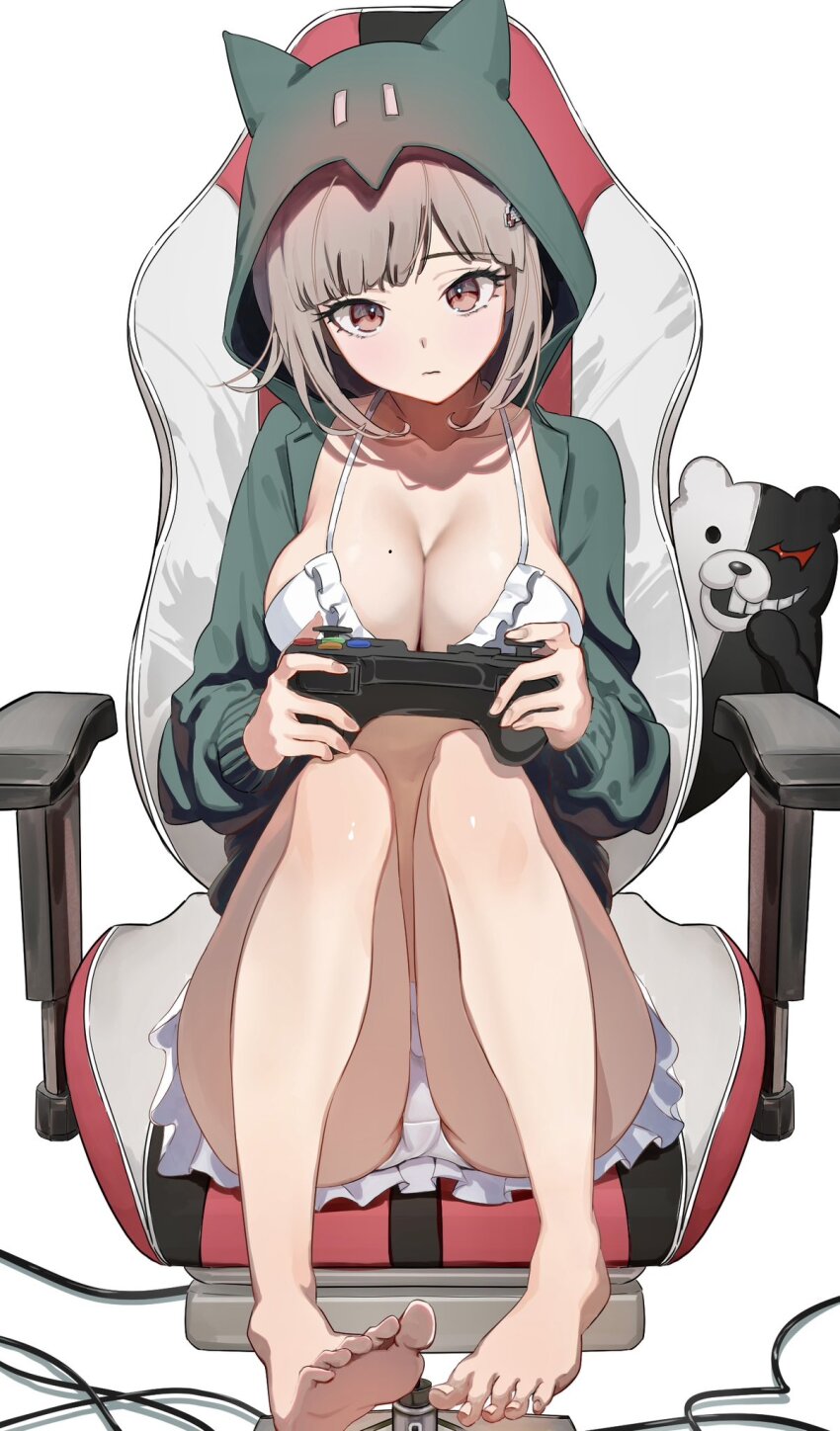 1girl, animal_ear_hood, animal_ears, ass, bikini, breasts, chair, collarbone