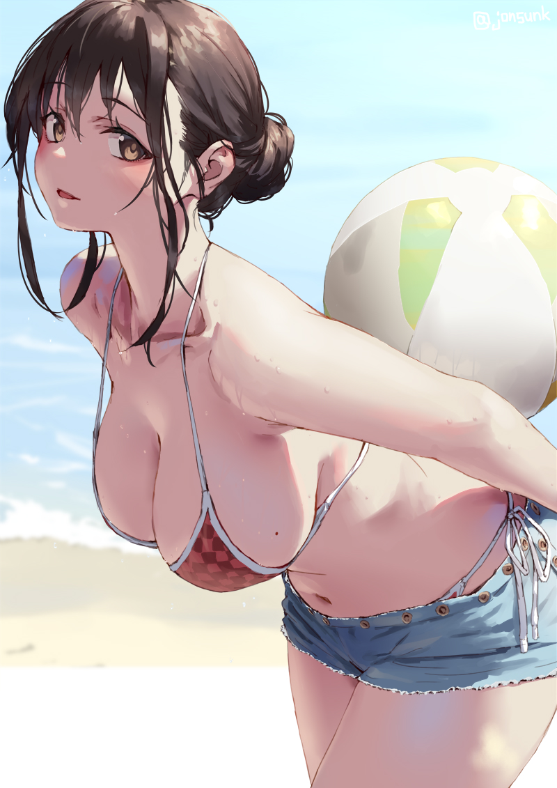 1girl, aya_(jonsun), ball, bare_arms, bare_shoulders, beachball, bikini, black_hair, blue_shorts, breasts, brown_eyes, cleavage, collarbone, commentary_request, day, holding, holding_ball, holding_beachball, jonsun, large_breasts, leaning_forward, looking_at_viewer, mole, mole_on_breast, navel, original, outdoors, parted_lips, red_bikini, short_shorts, shorts, side-tie_bikini_bottom, smile, swimsuit, thighs, wet