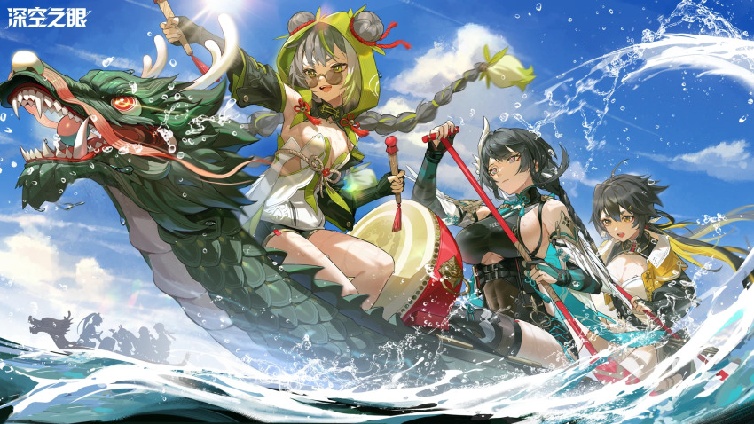 6+girls, aether_gazer, bare_shoulders, black_bodysuit, black_hair, black_shorts, black_thighhighs, blonde_hair