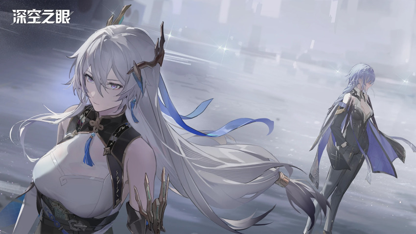 2girls, aether_gazer, bare_shoulders, black_collar, black_dress, black_gloves, black_jacket, black_pants