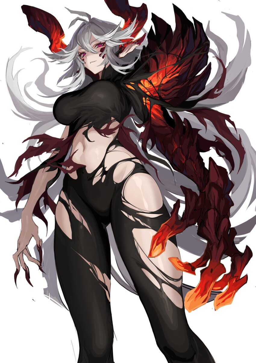 1girl, animal_ears, black_bodysuit, black_nails, black_scales, black_skin, bodysuit, clothing_cutout, collared_bodysuit, colored_skin, cropped_legs, fingernails, from_below, glowing, glowing_arm, glowing_hand, grey_hair, highres, horns, ippei_ipip, lava, light_smile, long_hair, looking_at_viewer, looking_down, multicolored_skin, navel, original, pale_skin, red_eyes, red_skin, rock_arms, sharp_fingernails, solo, standing, stomach, stomach_cutout, torn_clothes, very_long_ears, very_long_hair