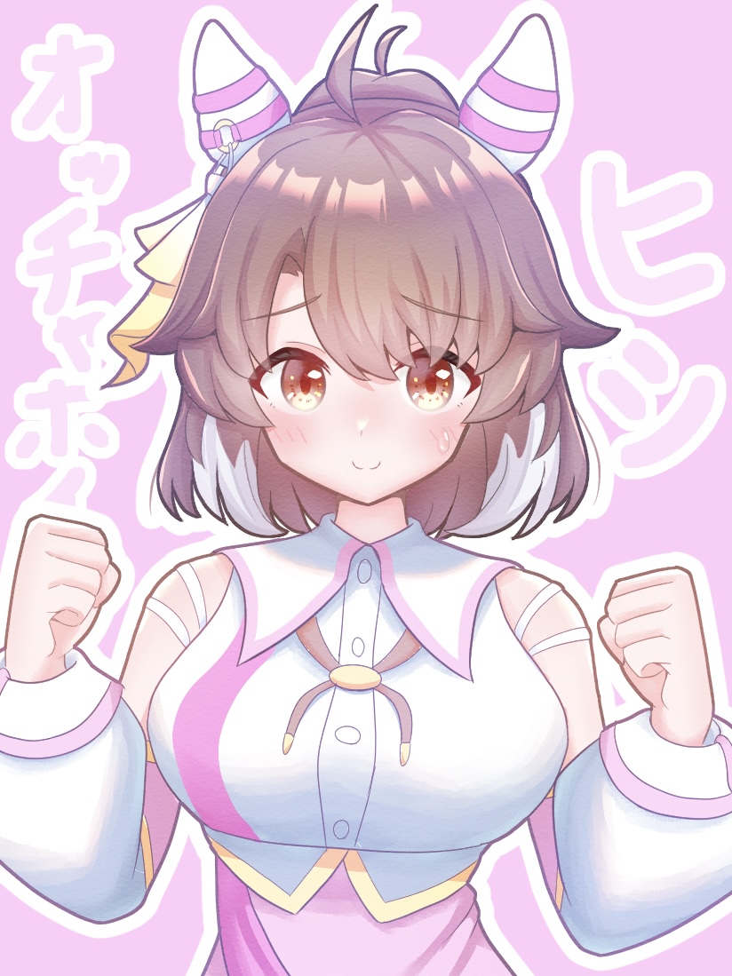 1girl, 2nisikoyn, ahoge, alternate_costume, breasts, brown_eyes, brown_hair, commentary_request