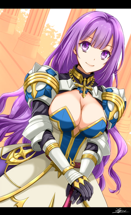 1girl, 20nigu, armor, armored_dress, breasts, cleavage, closed_mouth, commentary_request