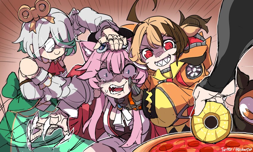 4girls, absurdres, ahoge, animal_ear_fluff, animal_ear_hood, animal_ears, animal_hood, artist_glove