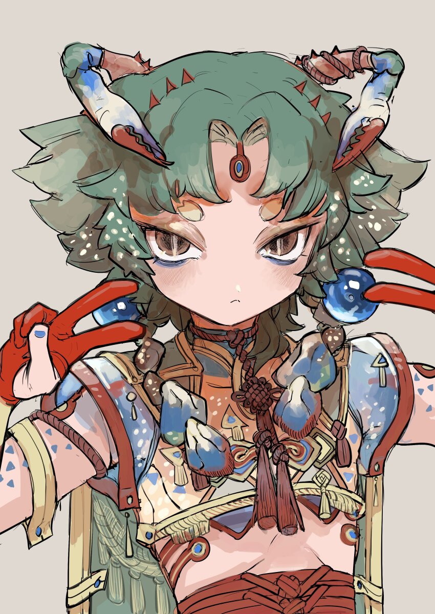 1boy, absurdres, arthropod_boy, arthropod_limbs, brown_background, brown_eyes, closed_mouth, commentary_request