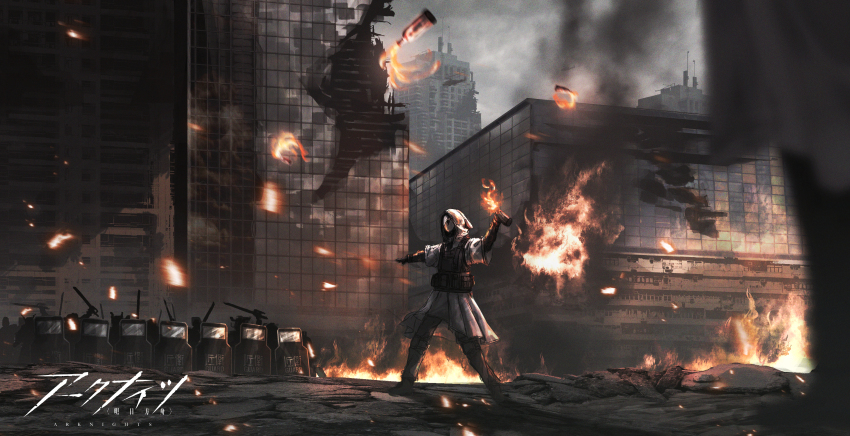 6+others, absurdres, arknights, black_gloves, body_armor, bottle, cargo_pants, cloak