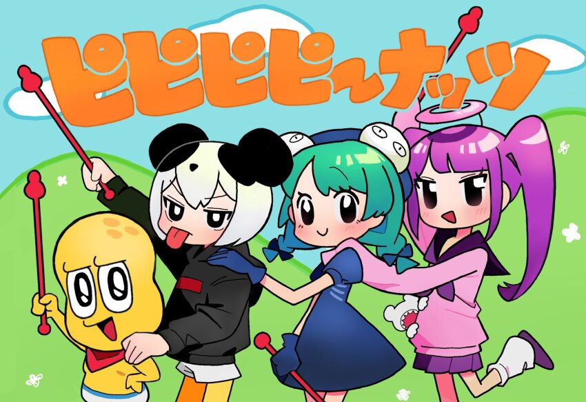 1boy, 3girls, animal_ears, arm_up, bald, bandana, bandana_around_neck, beret