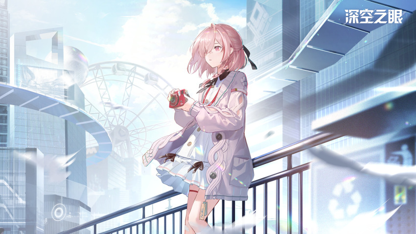 1girl, aether_gazer, against_railing, black_bow, bow, braid, camera, cardigan