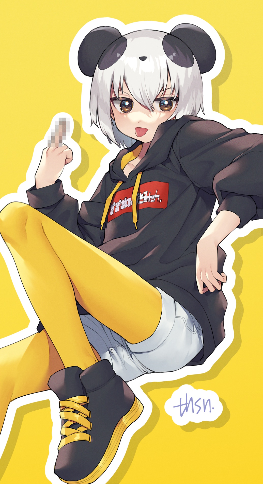 1girl, animal_ears, arm_rest, black_hair, black_hoodie, brown_eyes, bukimi-chan_(vtuber), censored, censored_gesture, closed_mouth, commentary_request, drawstring, foot_out_of_frame, glaring, hand_up, highres, hood, hood_down, hoodie, indie_virtual_youtuber, invisible_chair, knee_up, long_sleeves, looking_at_viewer, middle_finger, multicolored_hair, murata_tefu, outline, panda_ears, panda_girl, pantyhose, pantyhose_under_shorts, short_hair, short_shorts, shorts, simple_background, sitting, solo, tongue, tongue_out, two-tone_hair, v-shaped_eyebrows, virtual_youtuber, white_hair, white_outline, white_shorts, yellow_background, yellow_pantyhose