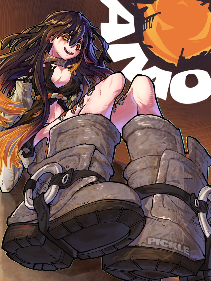 1girl, amo_empool, artist_name, boots, breasts, brown_hair, buckle, cleavage, commentary, english_commentary, english_text, gachiakuta, grey_boots, highres, long_hair, looking_down, multicolored_hair, no_socks, open_mouth, orange_eyes, pickledtaro, smile, solo, solo_focus