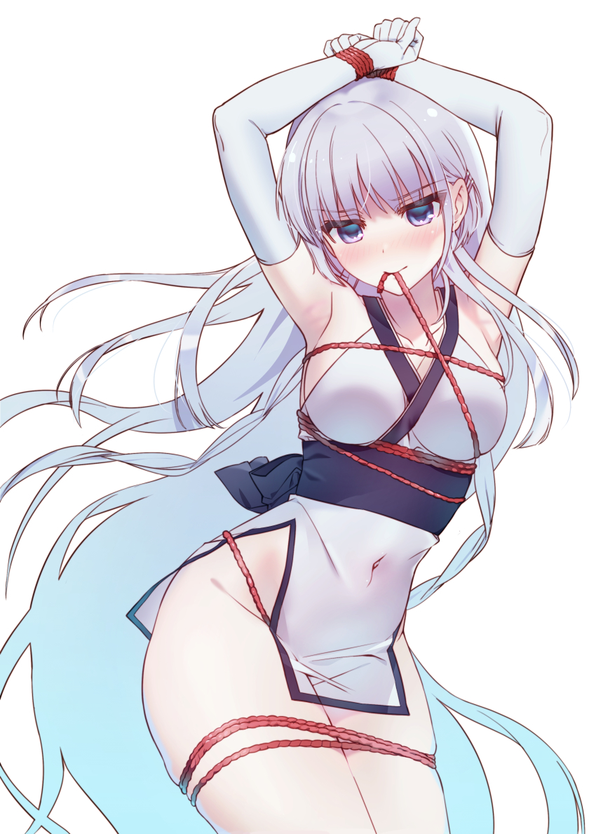 1girl, absurdres, adapted_costume, arm_above_head, arms_up, backboob, bare_shoulders, bdsm