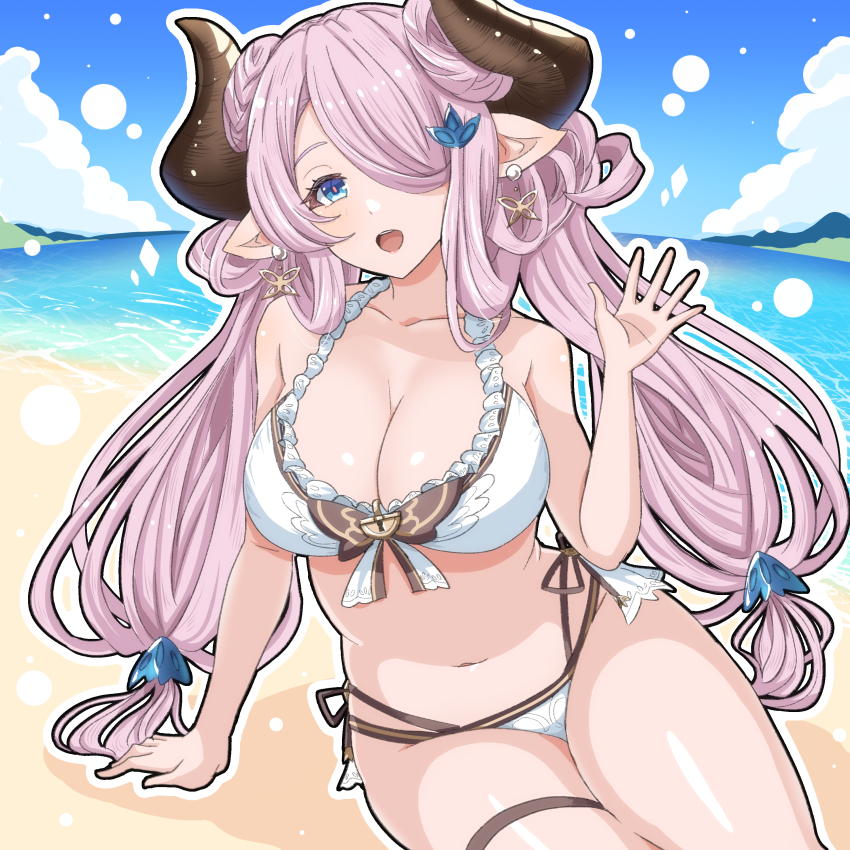 absurdres, bare_shoulders, beach, bikini, blue_eyes, blue_sky, braid, breasts