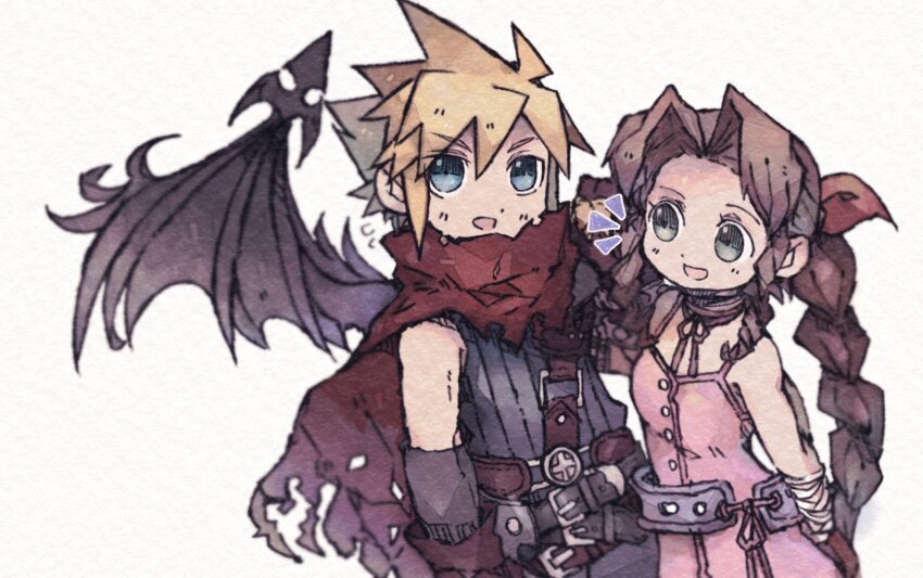1boy, 1girl, aerith_gainsborough, ankomochi_(tomatoaaa), armor, bangle, bare_shoulders, belt, black_wings, blonde_hair, blue_eyes, blue_shirt, bracelet, braid, braided_ponytail, breasts, brown_gloves, brown_hair, choker, cloak, cloud_strife, demon_wings, dress, final_fantasy, final_fantasy_vii, gloves, green_eyes, hair_between_eyes, highres, jewelry, kingdom_hearts, kingdom_hearts_i, light_blush, long_hair, looking_at_another, loose_belt, medium_breasts, multiple_belts, official_alternate_costume, open_mouth, parted_bangs, pink_dress, purple_belt, red_cloak, ribbon_choker, shirt, short_hair, shoulder_armor, sidelocks, single_braid, single_shoulder_pad, single_wing, sleeveless, sleeveless_dress, sleeveless_turtleneck, smile, spaghetti_strap, spiked_hair, torn_cloak, torn_clothes, turtleneck, upper_body, white_background, wings