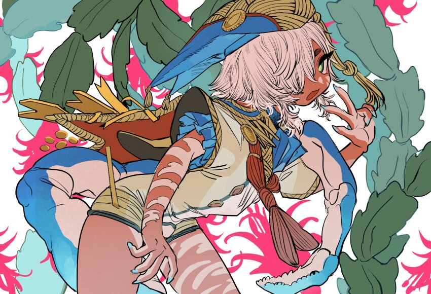 1boy, arthropod_boy, arthropod_limbs, blue_hat, blue_nails, body_markings, bodysuit, cape, commentary_request, cowboy_shot, crab_boy, dark-skinned_male, dark_skin, fingernails, frilled_sleeves, frills, green_eyes, hair_over_one_eye, hand_up, hat, highres, looking_at_viewer, male_focus, merfolk, mermaid, monster_girl, open_mouth, original, pink_hair, sharp_fingernails, shima_(wansyon144), short_hair, short_sleeves, solo, trap, unconventional_merfolk, v, white_background