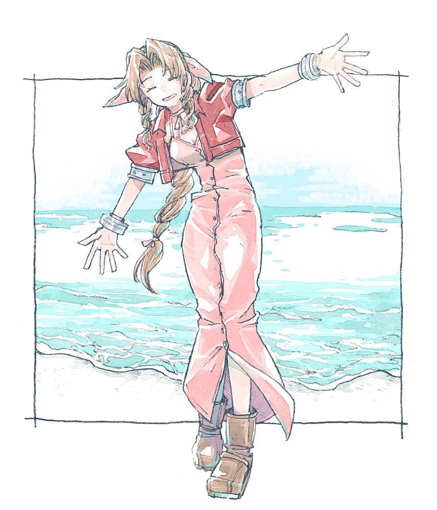 1girl, aerith_gainsborough, bangle, boots, border, bracelet, braid, braided_ponytail