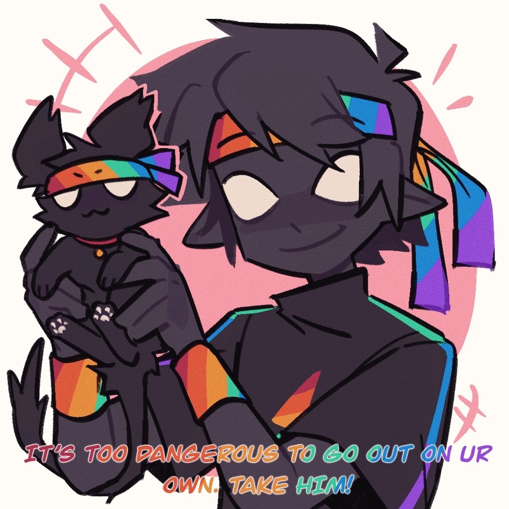 1boy, abstract_background, animal, animalization, black_hair, black_skin, cat, chinese_commentary, collar, colored_skin, commentary_request, crowendawn, dual_persona, english_text, headband, holding, holding_animal, lifesteal_smp, minecraft_youtube, pawpads, person_and_animalization, pointy_ears, rainbow, smile, solo, spokeishere, white_eyes