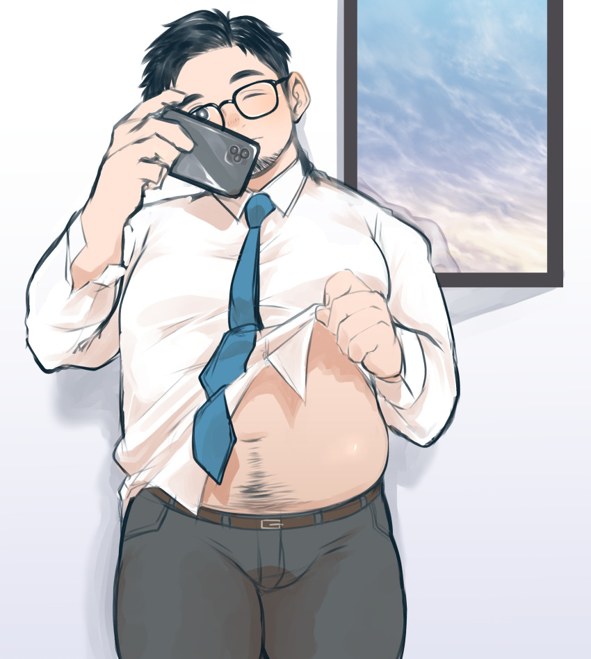 1boy, abs, absurdres, bara, belly, belt, between_pectorals, bulge, cellphone, collared_shirt, cowboy_shot, facial_hair, fat, fat_man, glasses, goatee_stubble, highres, holding, holding_phone, large_pectorals, lifting_own_clothes, looking_at_viewer, male_focus, navel, navel_hair, necktie, necktie_between_pectorals, one_eye_closed, original, osu_(osumankokuou), pants, pectorals, phone, salaryman, selfie, shirt, short_hair, smartphone, solo, standing, stomach, stubble, taking_picture, thick_eyebrows, thick_navel_hair, tight_clothes, tight_pants, unfinished