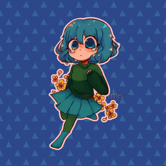 amber_lightvale, blue_background, blue_eyes, blue_hair, blue_skirt, crying, flower, glitchtale