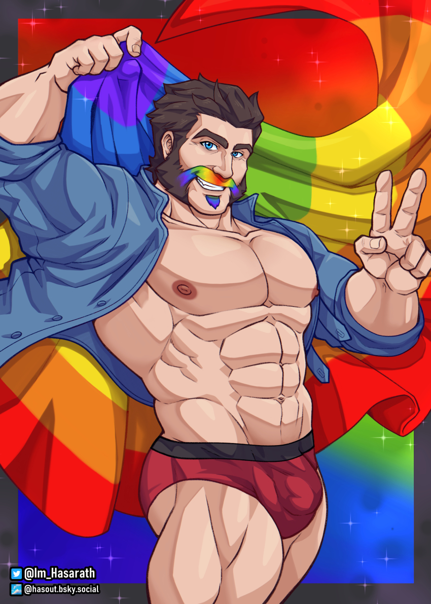 1boy, abs, absurdres, arts_of_hasarath, bara, bare_pectorals, briefs, bulge, cowboy_shot, dyed_facial_hair, facial_hair, flag, graves_(league_of_legends), grin, hair_slicked_back, highres, holding, holding_flag, large_pectorals, league_of_legends, lgbt_pride, looking_at_viewer, male_focus, male_underwear, mature_male, muscular, muscular_male, mutton_chops, navel, nipples, no_pants, open_clothes, open_shirt, pectorals, rainbow_flag, red_male_underwear, short_hair, smile, solo, standing, stomach, thick_eyebrows, underwear