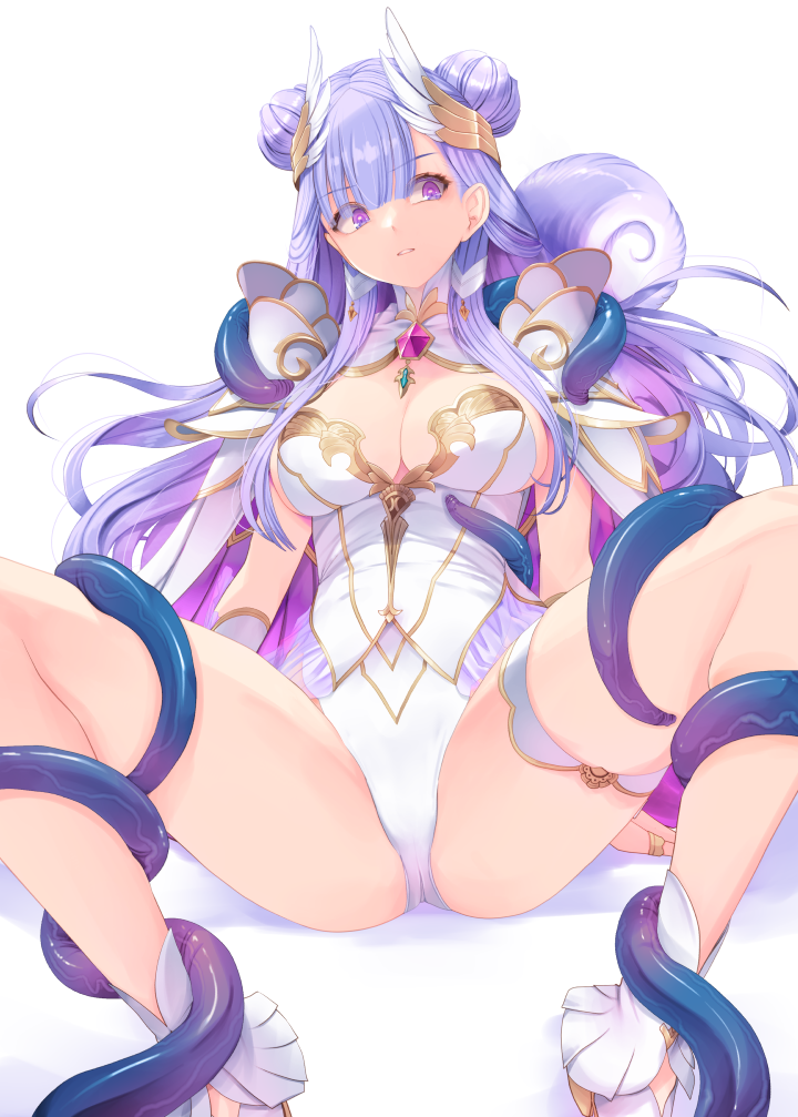 1girl, armor, breasts, cleavage, commentary_request, double_bun, hair_bun, kirishima_satoshi