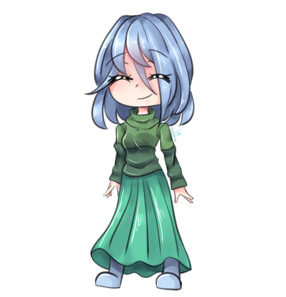 amber_lightvale, blue_hair, closed_eyes, glitchtale, green_shirt, green_skirt, shirt, short_hair