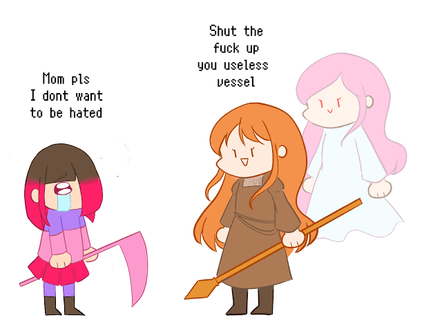 agate_lightvale, bete_noire, boots, brown_dress, brown_hair, clothes, crying, dress, ghost, glitchtale, long_hair, orange_hair, pink_eyes, pink_hair, pink_shirt, polearm, purple_shirt, red_skirt, scythe, shirt, short_hair, skirt, spear, undertale, utdr_(toby_fox), weapon, white_dress