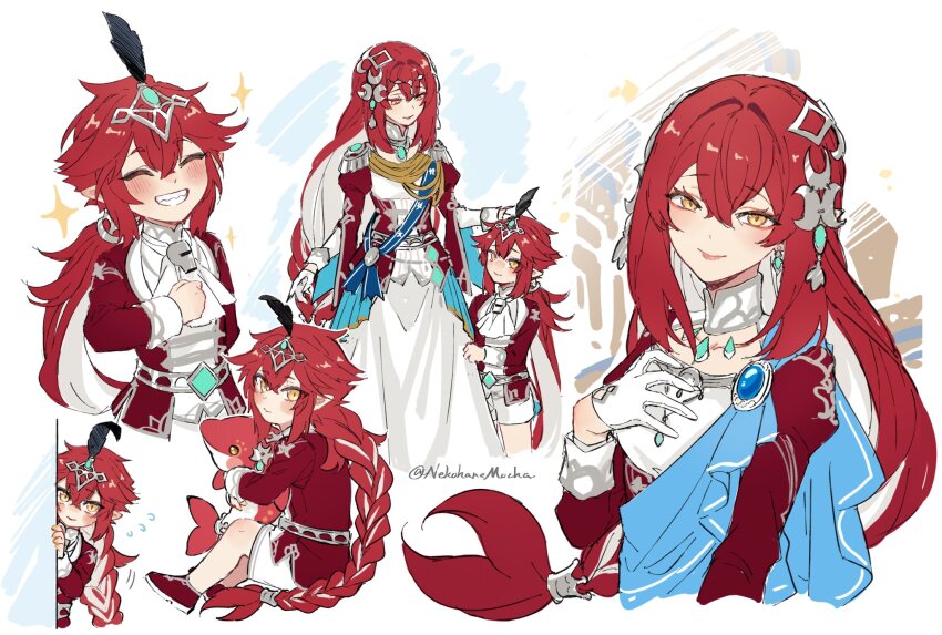 1boy, 1girl, adapted_costume, aged_down, ascot, black_feathers, blue_sash, blush