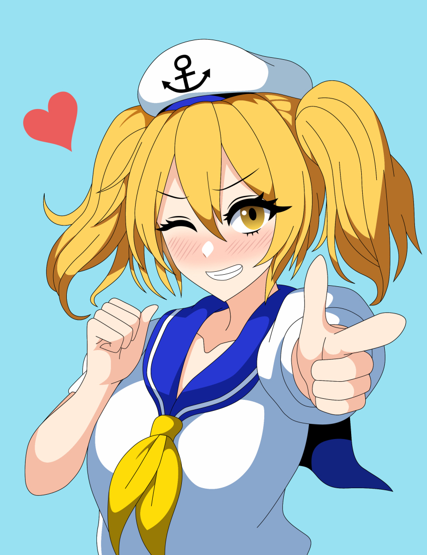 1girl, absurdres, anchor_symbol, blonde_hair, blue_sailor_collar, blush, clenched_hand, commentary_request