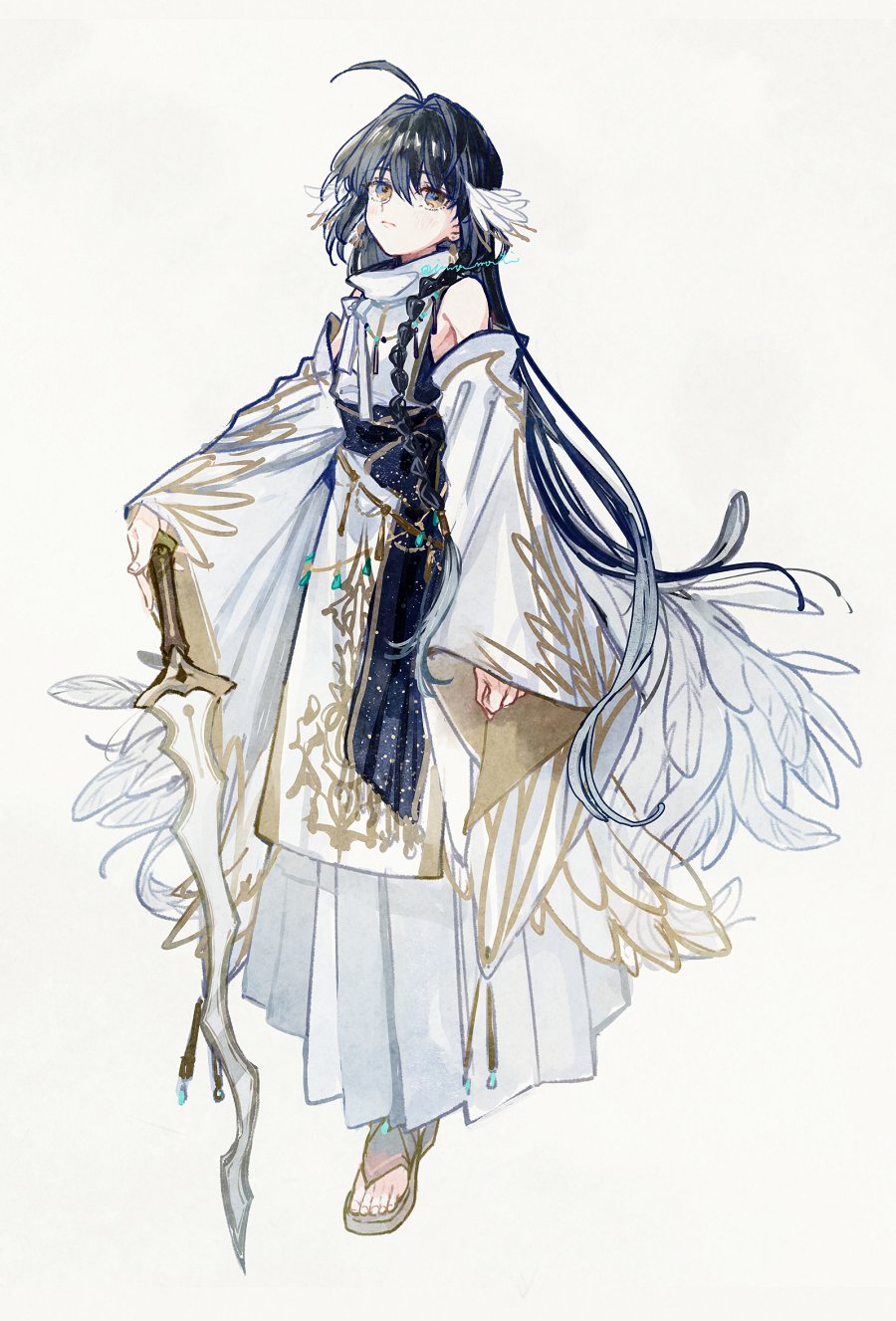 1other, adapted_costume, ahoge, androgynous, bare_shoulders, black_hair, braid, detached_sleeves