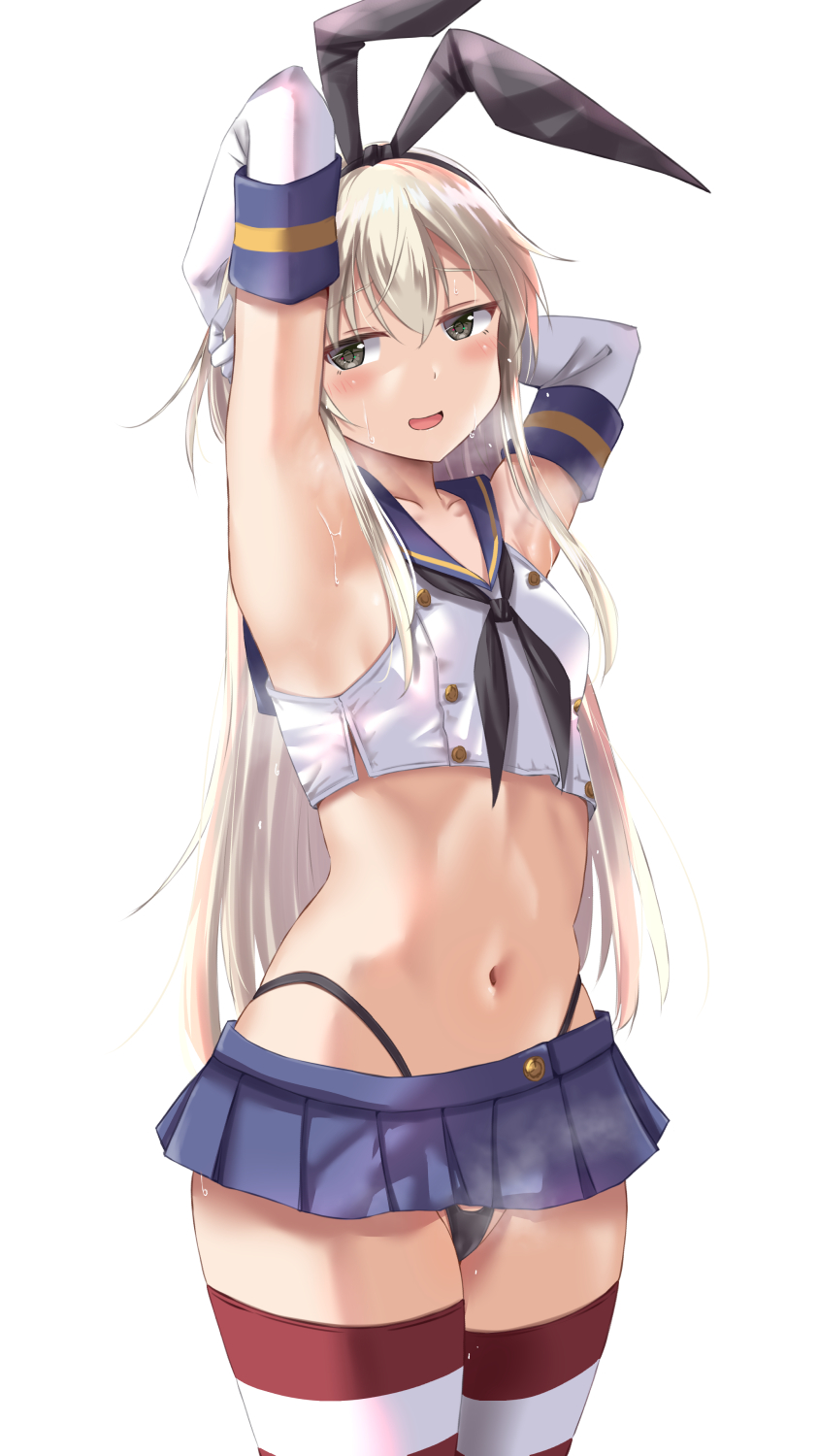 1girl, armpits, arms_up, black_hairband, black_neckerchief, black_panties, blonde_hair, blush