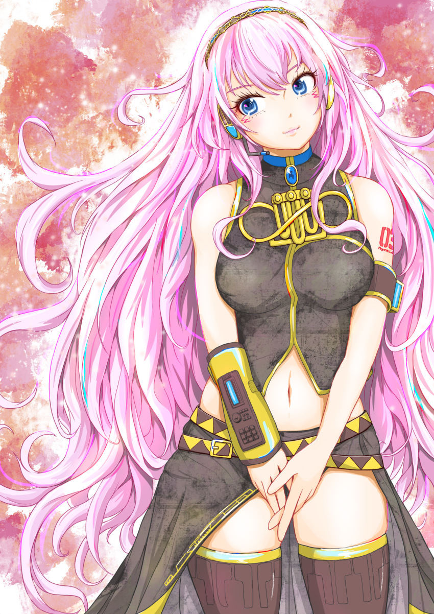 1girl, arm_strap, belt, belt_buckle, black_shirt, black_skirt, black_thighhighs, blue_eyes