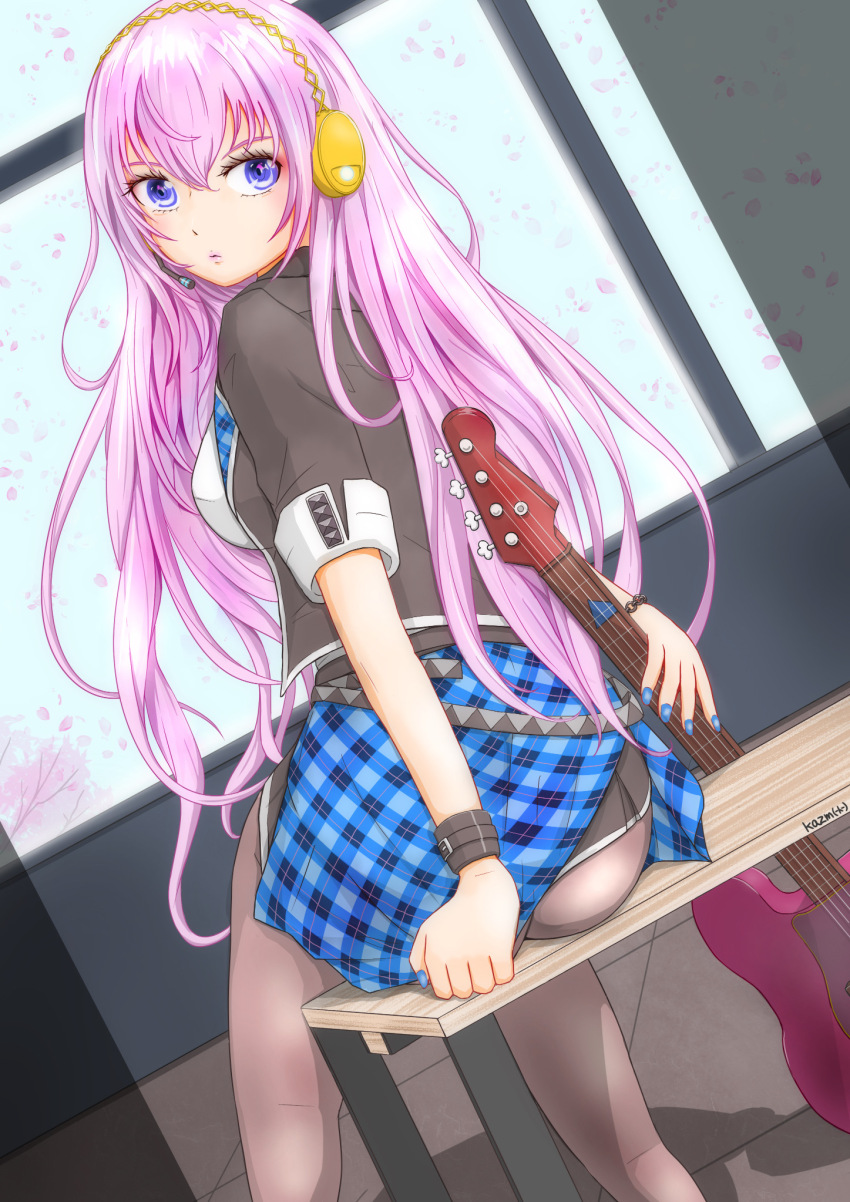 1girl, aqua_nails, ass, bass_guitar, black_jacket, black_skirt, blue_eyes, bracelet, breasts, chain, chain_bracelet, commentary_request, dutch_angle, from_behind, hair_between_eyes, headphones, headset, highres, instrument, jacket, jewelry, kazm00, lapels, leo/need_luka, long_hair, looking_at_viewer, looking_back, medium_breasts, megurine_luka, pantyhose, pink_hair, plaid_clothes, plaid_lapels, project_sekai, shirt, short_sleeves, sitting, skirt, solo, vocaloid, white_shirt, wristband