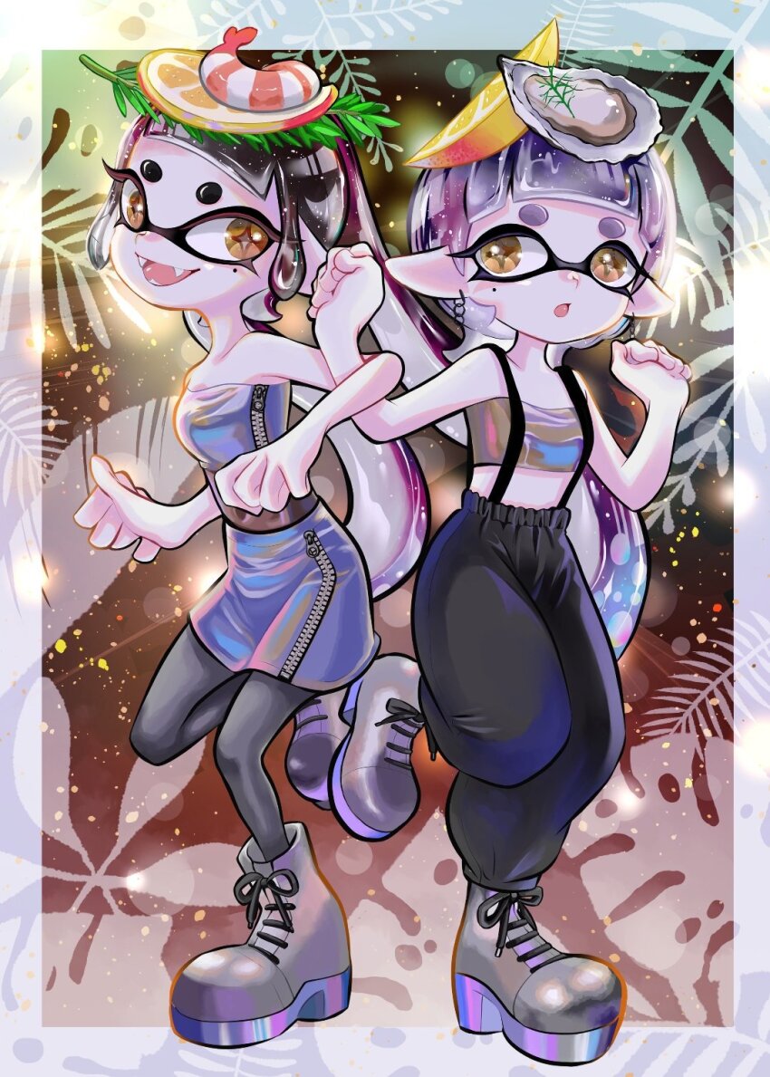 2girls, atataka_soranko, baggy_pants, boots, callie_(splatoon), callie_(summer_nights)_(splatoon), fangs, food