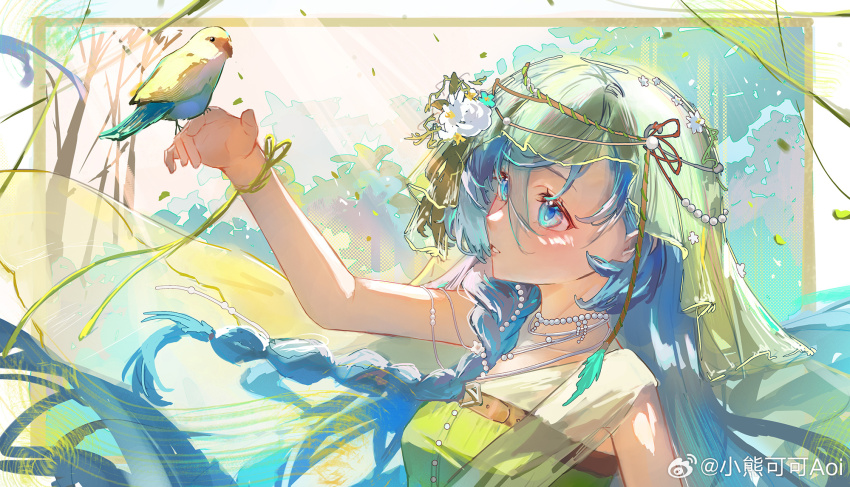 1girl, 37_(happy_bird_catcher)_(reverse:1999), 37_(reverse:1999), :d, arm_up, bare_arms, bird, bird_on_hand