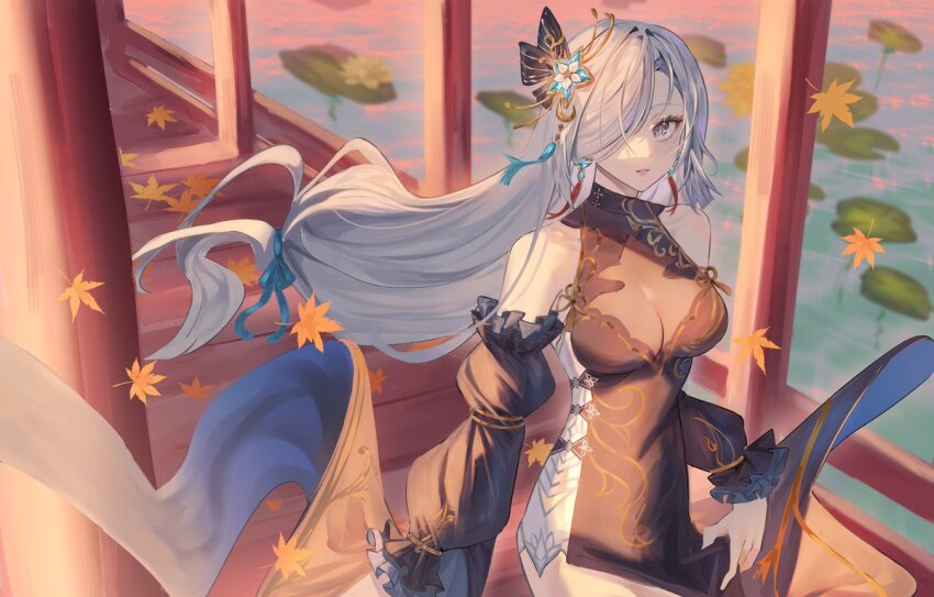 1girl, bare_shoulders, black_dress, black_sleeves, blue_eyes, blue_ribbon, breasts, cleavage, commentary, cowboy_shot, detached_sleeves, dress, earrings, english_commentary, falling_leaves, genshin_impact, hair_ornament, hair_over_one_eye, hair_ribbon, holding_own_dress, jewelry, leaf, long_hair, looking_at_viewer, medium_breasts, official_alternate_costume, parted_lips, puffy_sleeves, ribbon, see-through_cleavage, see-through_clothes, shenhe_(frostflower_dew)_(genshin_impact), shenhe_(genshin_impact), shiraki_art, sleeveless, sleeveless_dress, solo, standing, very_long_hair, water, white_hair, wooden_floor