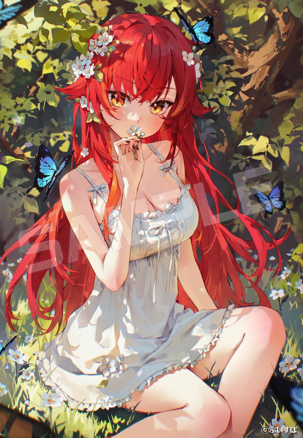 alternate_costume, bare_shoulders, breasts, bug, butterfly, cleavage, dress, flower