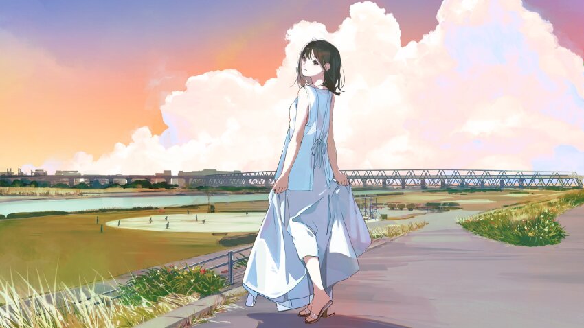 1girl, bridge, brown_eyes, brown_hair, cloud, cloudy_sky, day, dress