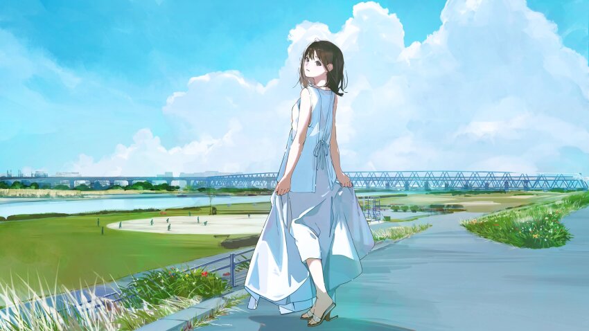 1girl, blue_sky, bridge, brown_eyes, brown_hair, cloud, cloudy_sky, day, dress, flower, full_body, grass, highres, looking_at_viewer, looking_back, medium_hair, oekaki_taro, original, pampas_grass, parted_lips, red_flower, reeds, river, road, sandals, sky, solo, standing, white_dress, white_flower