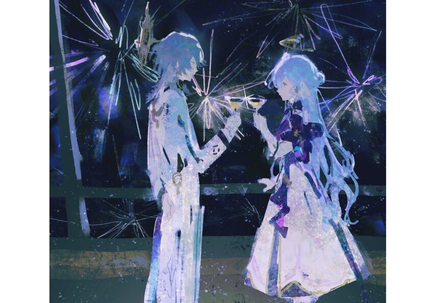 1boy, 1girl, blue_hair, brother_and_sister, cup, dress, ehrx8n, gloves