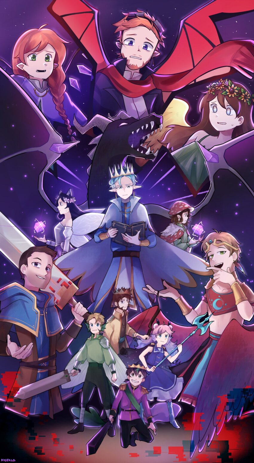 5girls, 6+boys, absurdres, adapted_costume, animal_ears, blue_hair, book, cat_ears