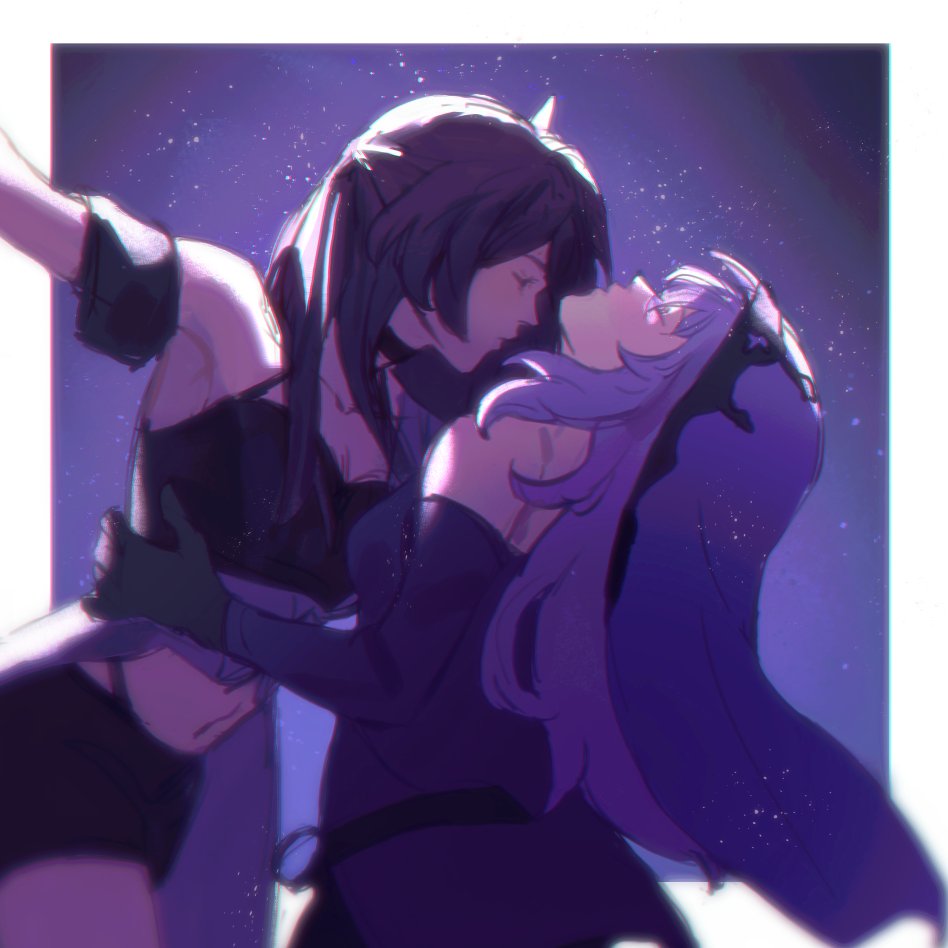 2girls, acheron_(honkai:_star_rail), black_gloves, black_shorts, black_swan_(honkai:_star_rail), closed_eyes, dancing, detached_sleeves, gloves, honkai:_star_rail, honkai_(series), loiska_j, long_hair, multiple_girls, pink_hair, profile, purple_hair, purple_veil, shorts, simple_background, sparkle, upper_body, veil, yuri