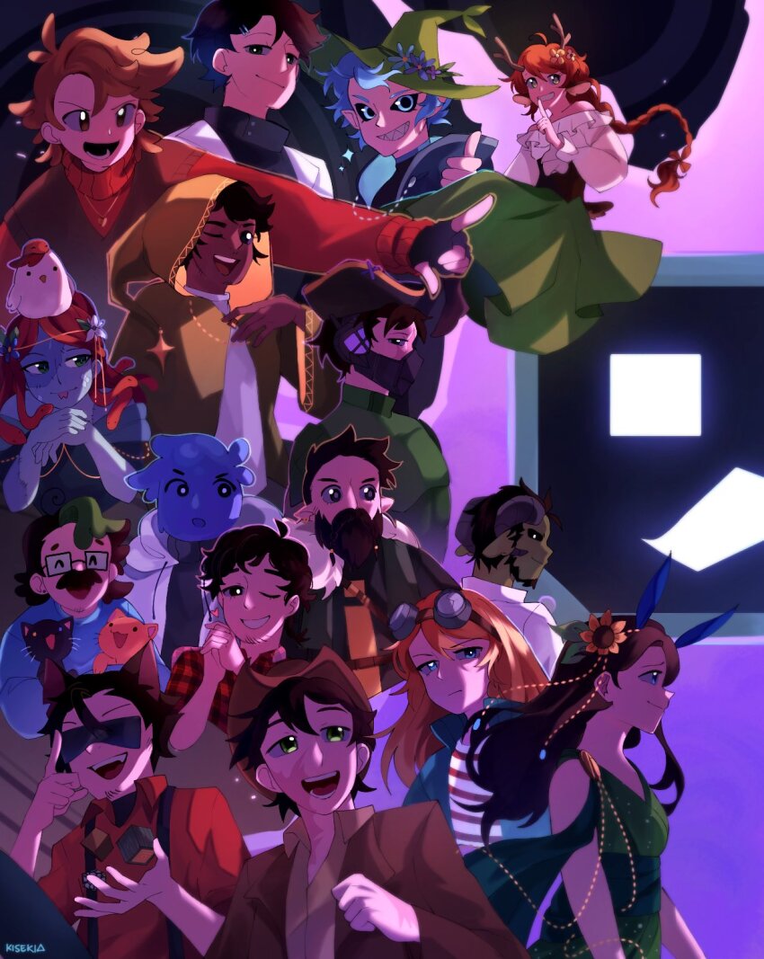 4girls, 6+boys, antlers, bdoubleo100, bdoubleo100_(sun_god), bird, block_(minecraft), blue_hair