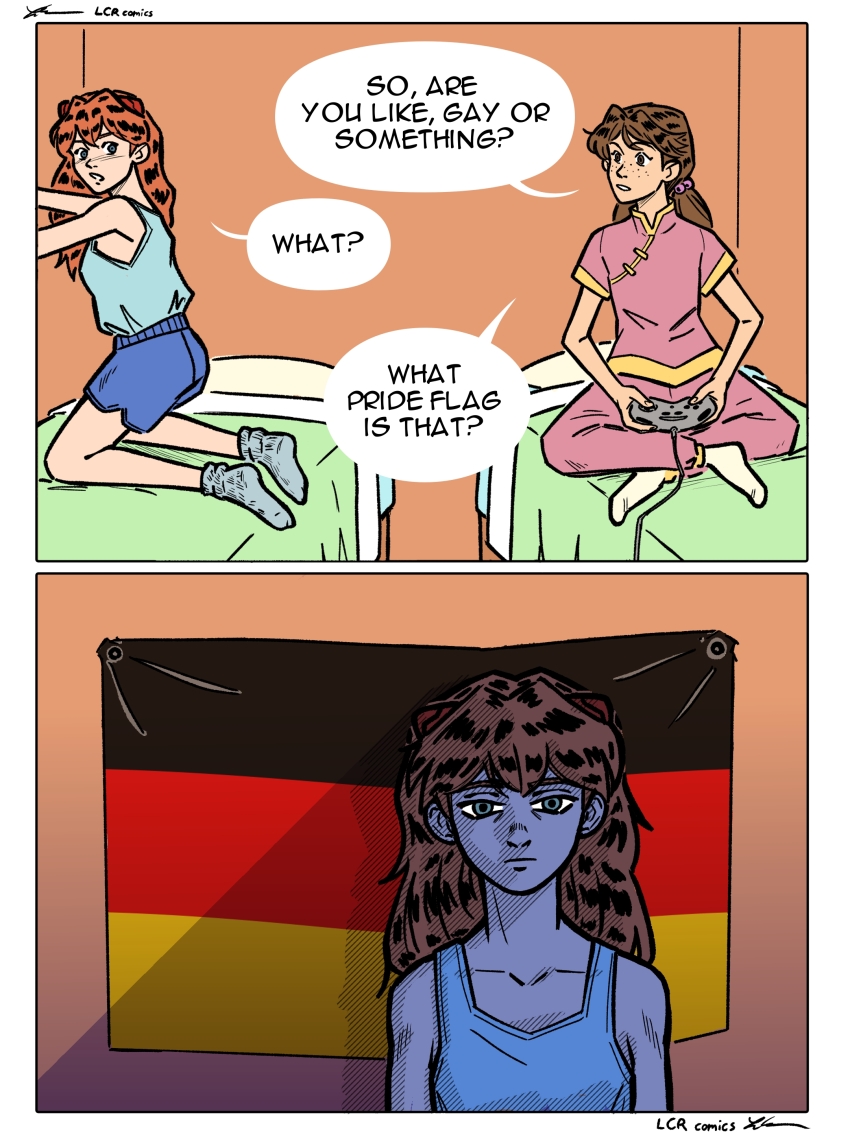 2girls, 2koma, absurdres, artist_name, blue_eyes, blue_shorts, blue_socks, blue_tank_top, chinese_clothes, closed_mouth, comic, controller, cross_legged, english_text, freckles, game_controller, german_flag, glaring, highres, holding, holding_controller, holding_game_controller, horaki_hikari, indian_style, indoors, kneeling, lcr_comics, long_hair, looking_at_another, meme, misunderstanding, multiple_girls, neon_genesis_evangelion, no_shoes, on_bed, orange_hair, shorts, sitting, socks, souryuu_asuka_langley, speech_bubble, tank_top, very_long_hair, what_pride_flag_is_that?, white_socks