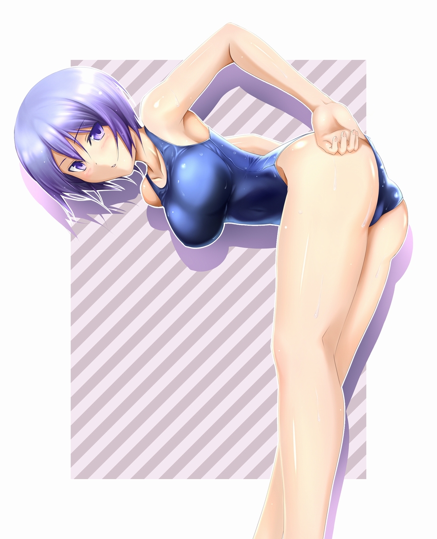 1girl, adjusting_clothes, adjusting_swimsuit, ass, bent_over, blue_hair, breasts, competition_swimsuit, female_focus, kneepits, kokutou, large_breasts, legs, maji_de_watashi_ni_koi_shinasai!, one-piece_swimsuit, purple_eyes, purple_hair, shiina_miyako, short_hair, solo, swimsuit, thighs, wet